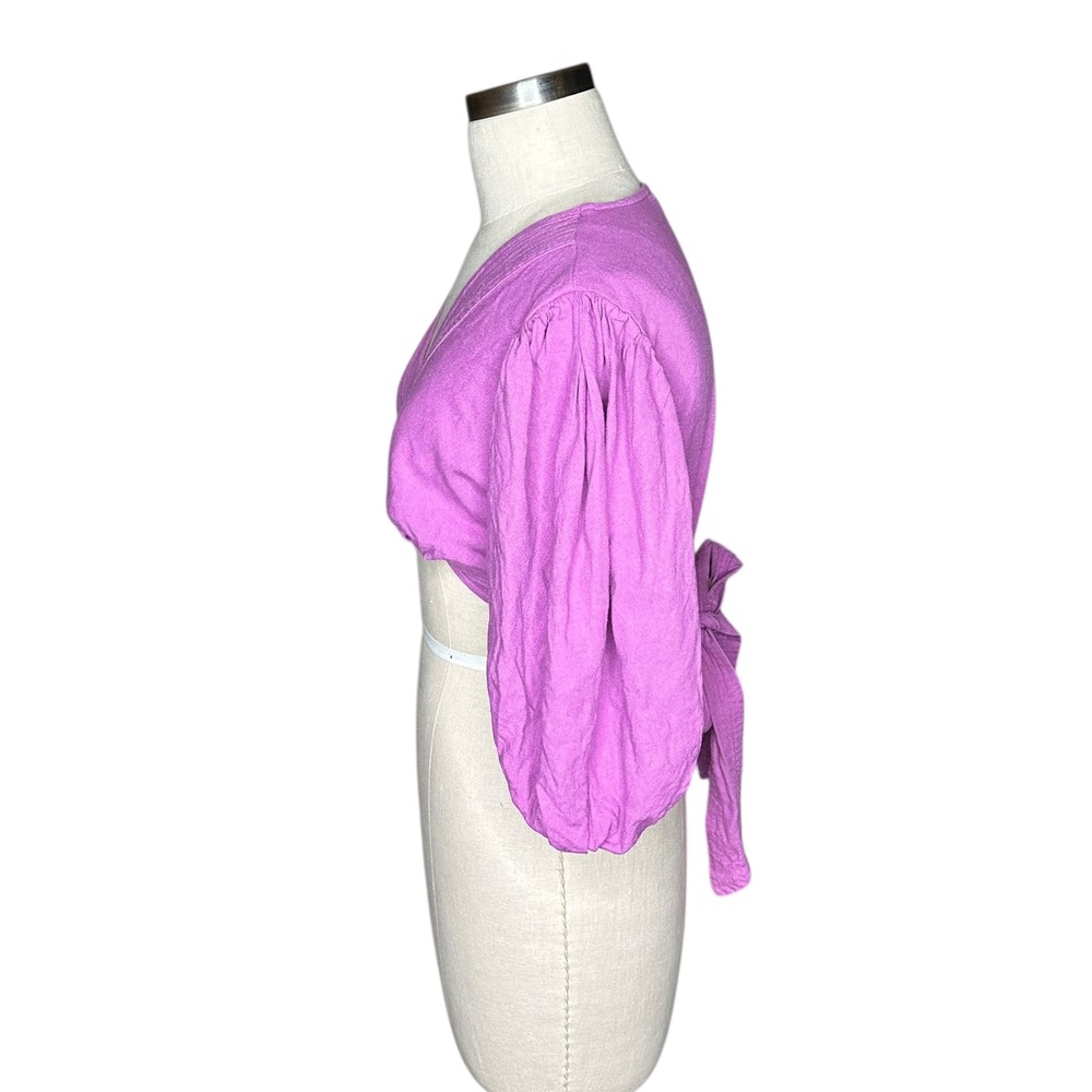 FARM Rio Cropped Twist‎ Linen Wrap Top Purple Puff Sleeve Tie Back Size P XS - Picture 2 of 5